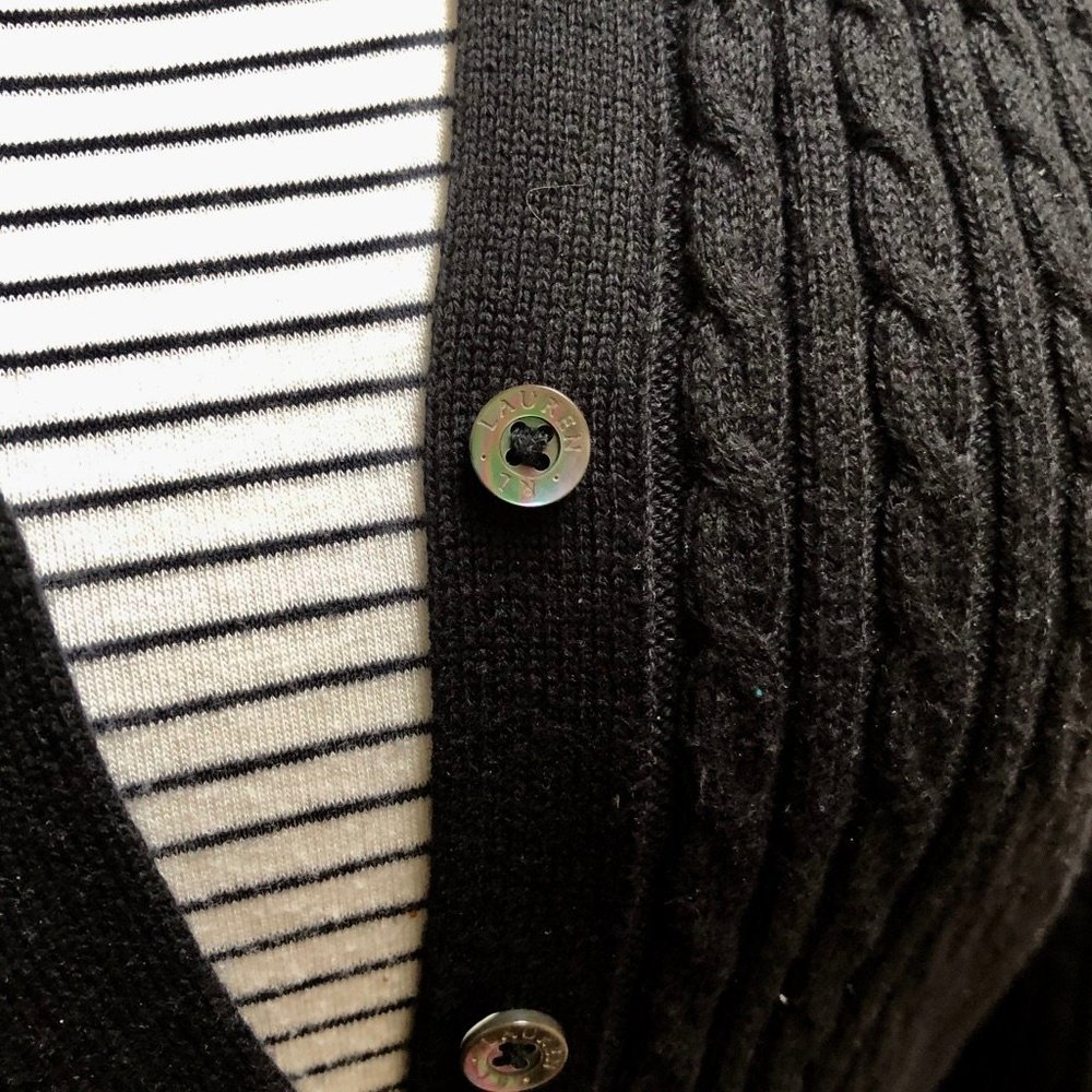 RALPH LAUREN LRL Vintage Classic Cardigan Cable Knit Cotton Black Petite PS - Picture 5 of 8
